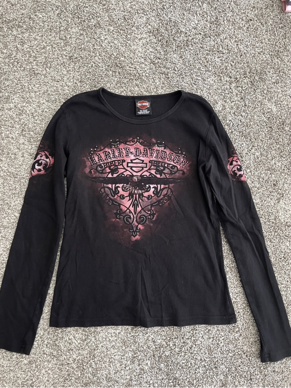 Harley-Davidson Y2K Black and Pink Long Sleeve Shirt